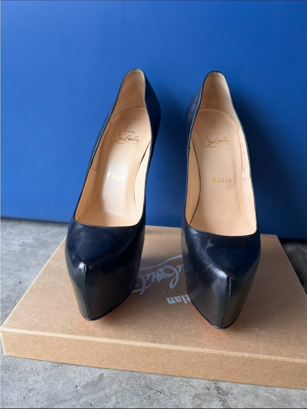 Christian Louboutin Navy Leather Pointed Platform Pumps